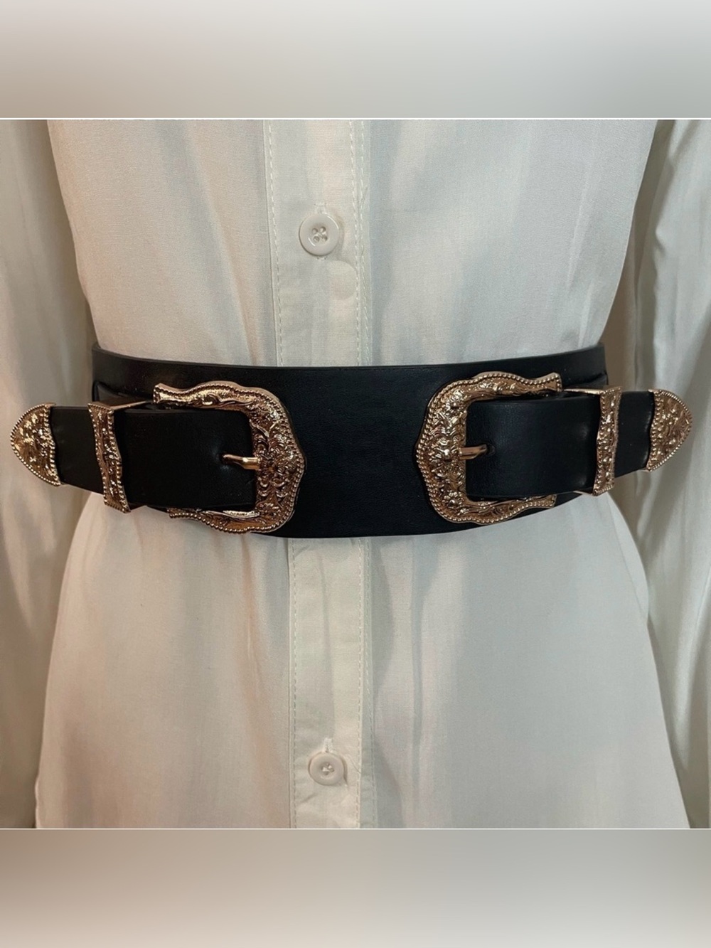 Black PU leather gold tone double buckle  elastic waistband belt